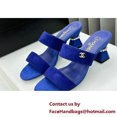 Chanel Kid Suede  &  Imitation Pearls Mules G45685 Blue 2024